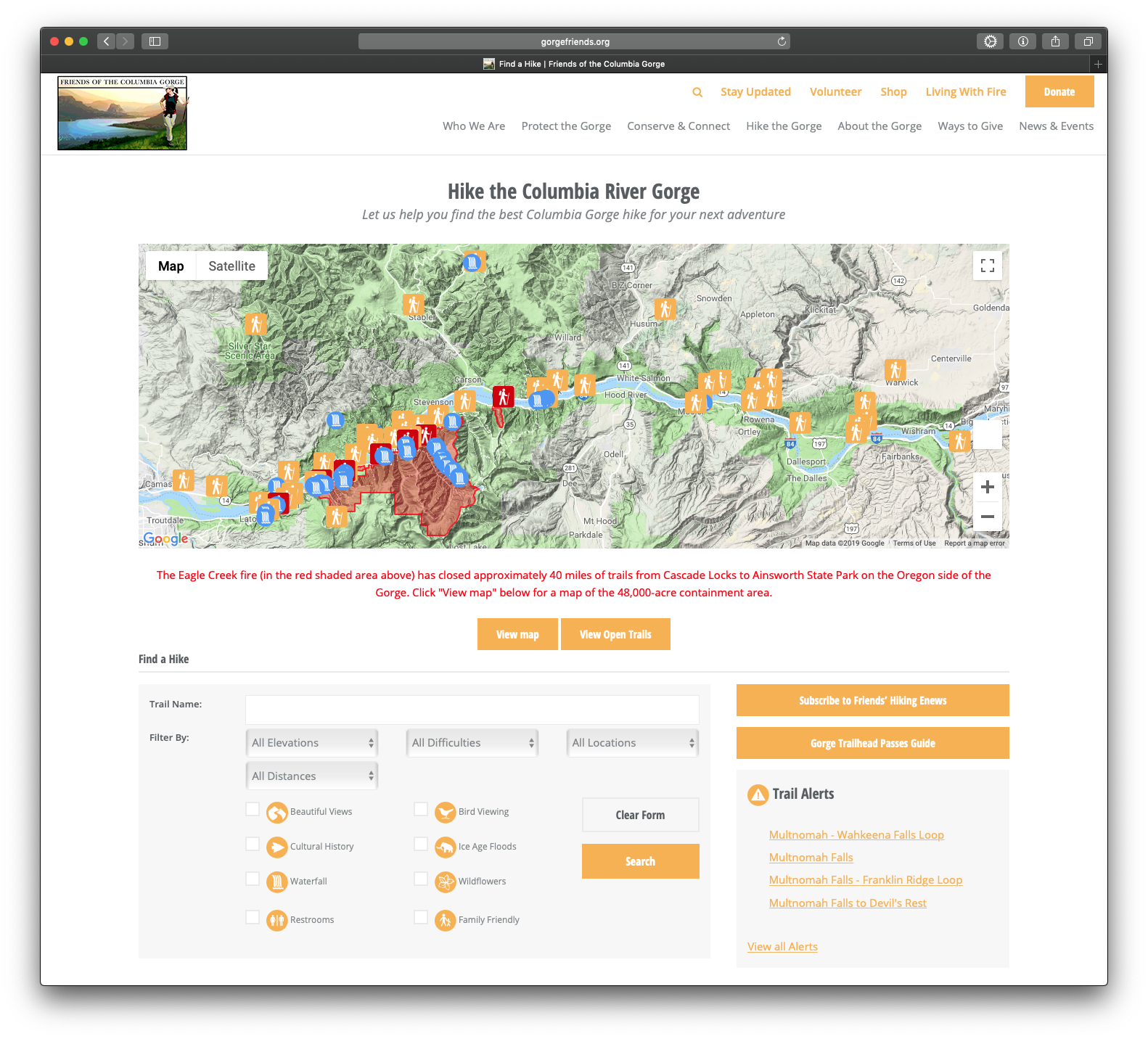 A screenshot of the Find A Hike directory on the Friends' website showcasing the Eagle Creek Fire trail closures.